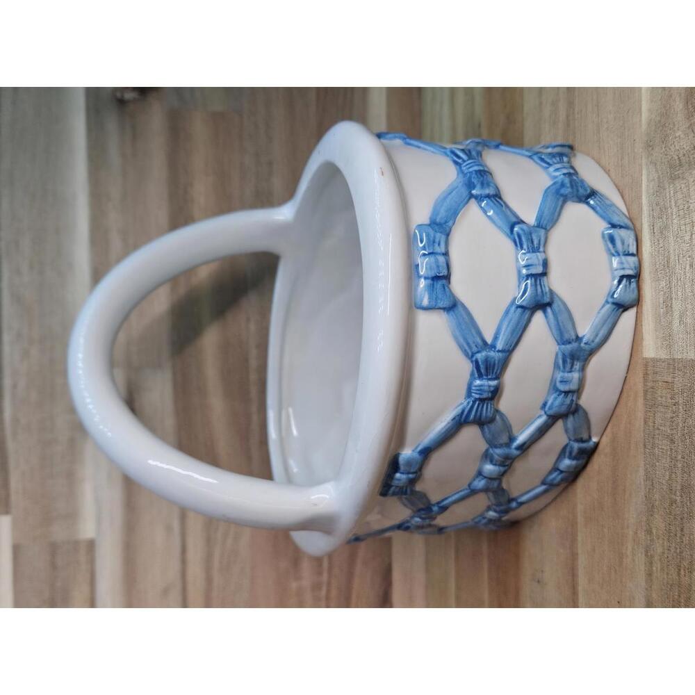 Vintage Italian Ceramic Lattice Basket Blue Woven Pottery 7" Tall Spring/Easter - Picture 6 of 15